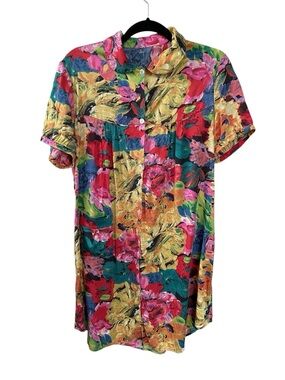 Vintage Silk Multicolour Floral Short-Sleeve Pajama Top Pink Yellow Green Blue